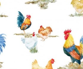 Watercolor cock seamless pattern vector 04