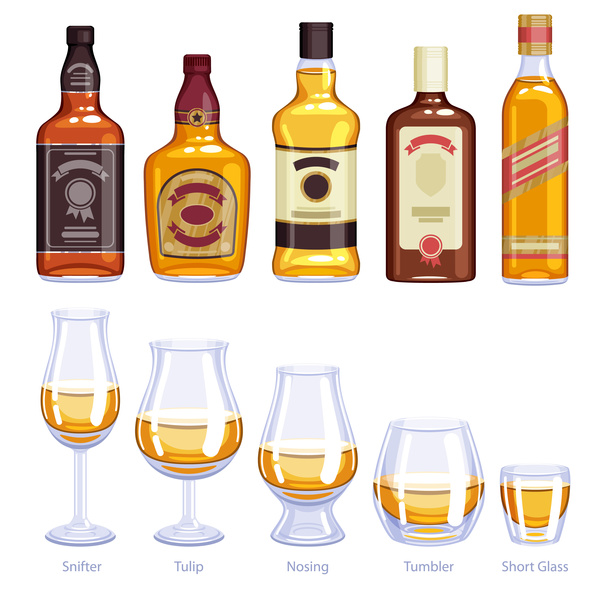 Whisky bottles and cup vector