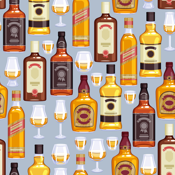 Whisky bottles with cup seamless pattern vector 01