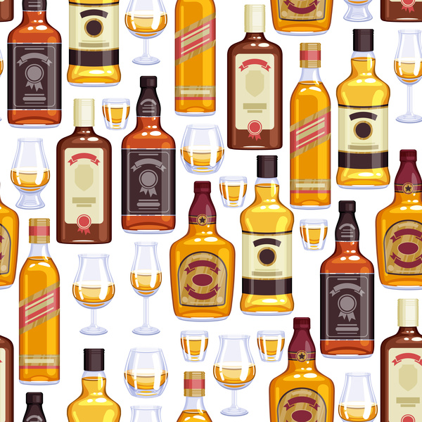 Whisky bottles with cup seamless pattern vector 02