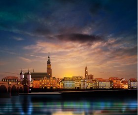 abstract sunset background with panorama and clouds vector