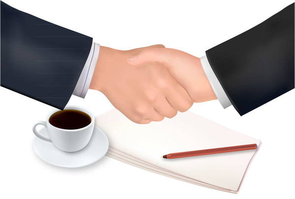 handshake and papers with coffee business vector 01