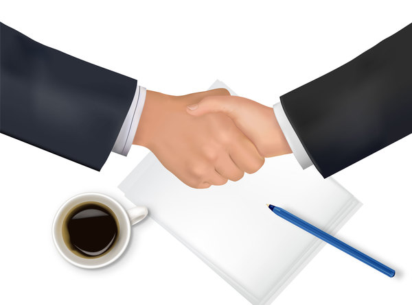 handshake and papers with coffee business vector 02