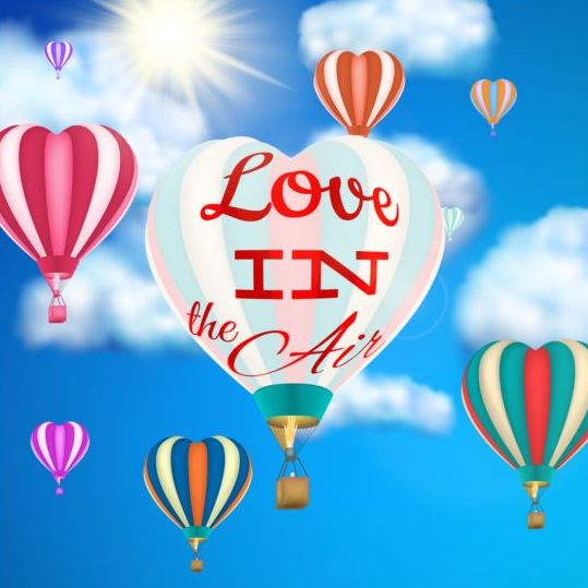 hot air balloon with love and sky background vector 01