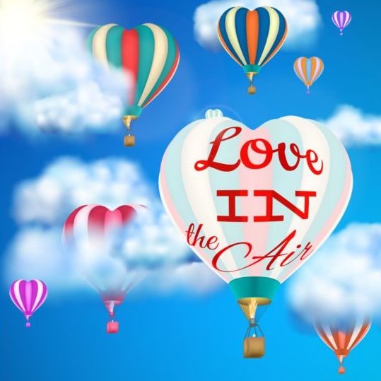 hot air balloon with love and sky background vector 02