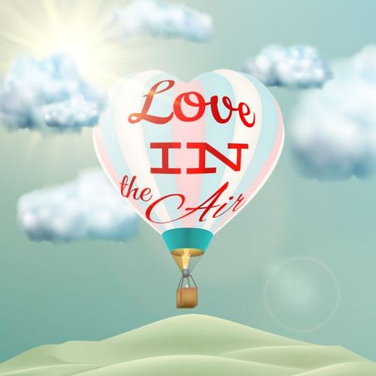 hot air balloon with love and sky background vector 04