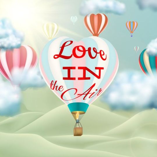 hot air balloon with love and sky background vector 05