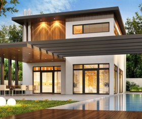 luxury houses with yellow light in modern villa at night 01 HD picture