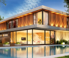 luxury houses with yellow light in modern villa at night 02 HD picture
