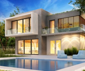 luxury houses with yellow light in modern villa at night 03 HD picture