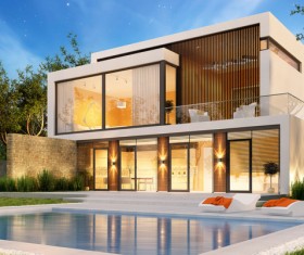 luxury houses with yellow light in modern villa at night 04 HD picture