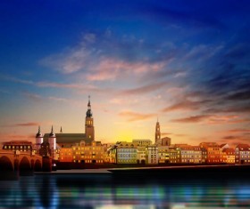 panorama of Heidelberg and golden sunset vector background