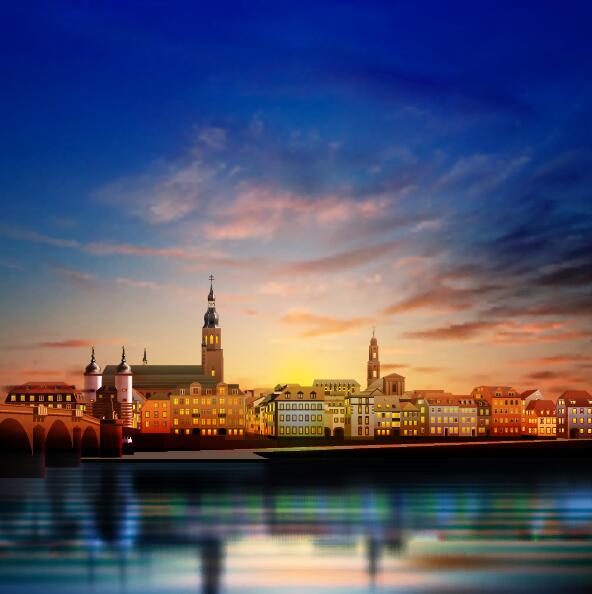 panorama of Heidelberg and golden sunset vector background