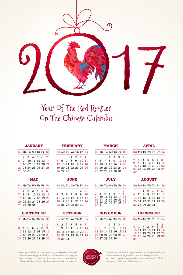 Calendar rooster 2017 vector template 01