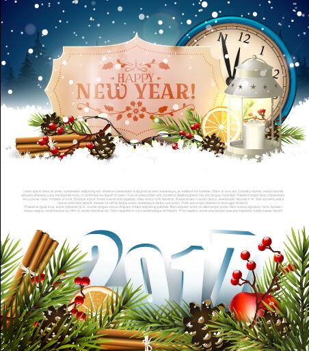 2017 new year label with clock and greenting card vector
