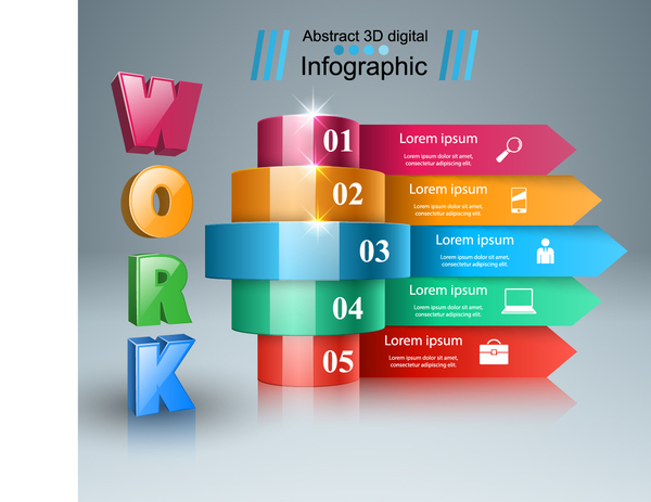 3d work five box infographic vector 02