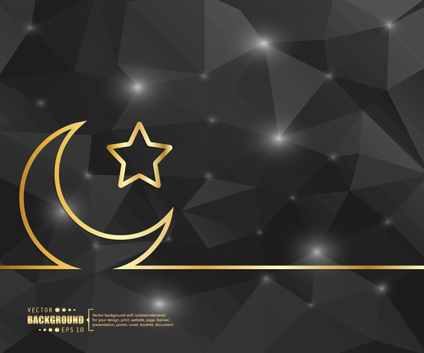 Black polygon background with golden moon and star vector