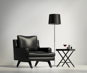 Black seat coffee table floor lamp with white wall background