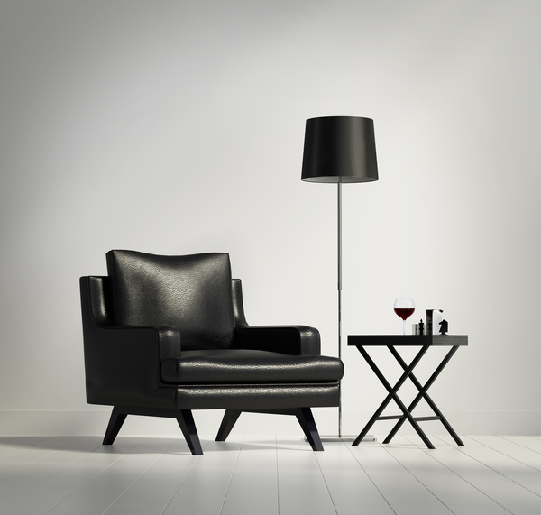 Black seat coffee table floor lamp with white wall background