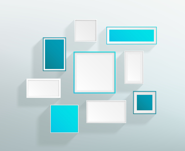 Blank blue white realistic frames on the wall vector