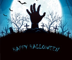 Blue Halloween background with Moon and hand on cemetery vector