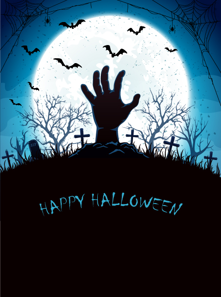 Blue Halloween background with Moon and hand on cemetery vector