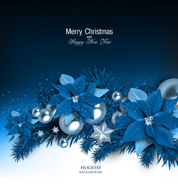 Blue flower decor with christmas and new year holiday background 01