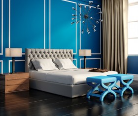 Blue wall chic bedroom with stylish chandelier HD picture