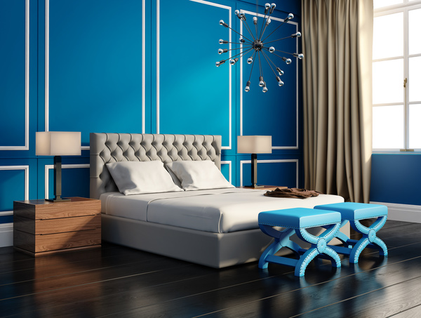 Blue wall chic bedroom with stylish chandelier HD picture
