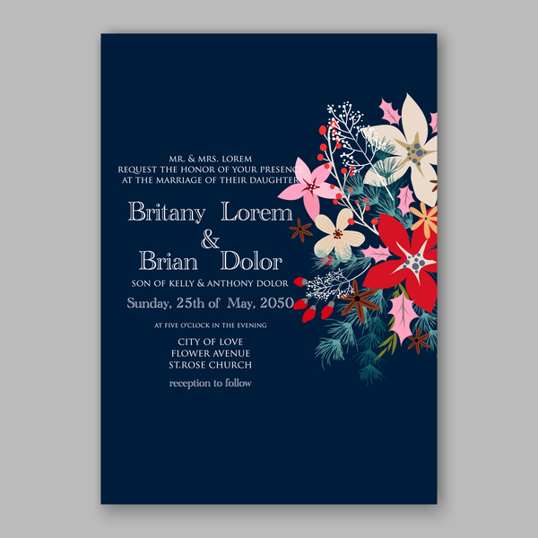 Blue wedding cards template with elegant flower vector 01