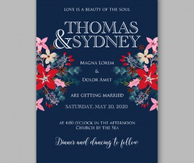 Blue wedding cards template with elegant flower vector 02