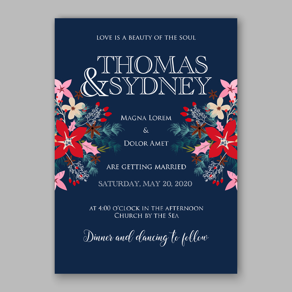 Blue wedding cards template with elegant flower vector 02