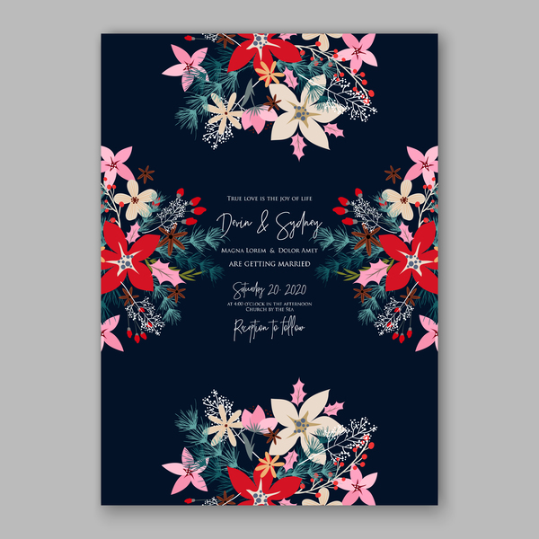 Blue wedding cards template with elegant flower vector 03
