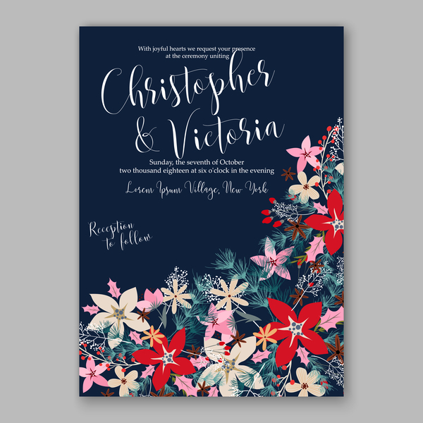 Blue wedding cards template with elegant flower vector 04
