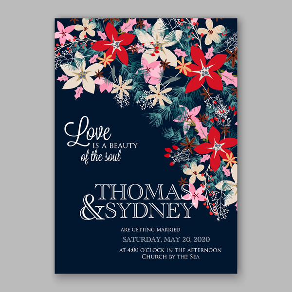 Blue wedding cards template with elegant flower vector 05