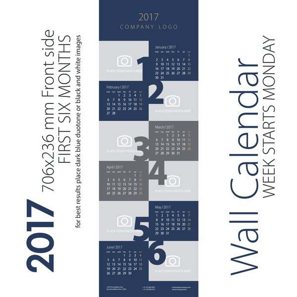 Calendar 2017 first six month dark blue gray vector