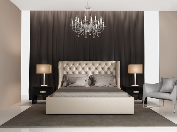 Chic bedroom with bedside lamp and chandelier HD picture
