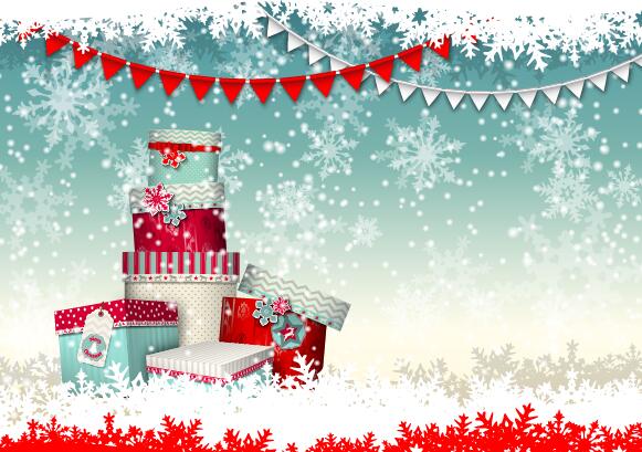 Chrishtmas gift box with winter snow background vector 01