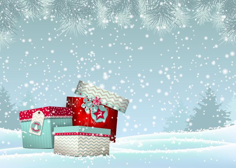 Chrishtmas gift box with winter snow background vector 02