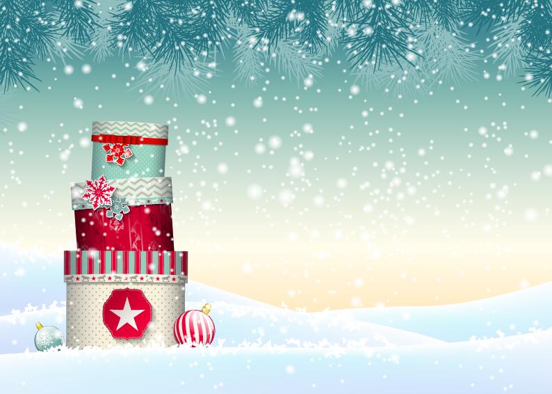 Chrishtmas gift box with winter snow background vector 03