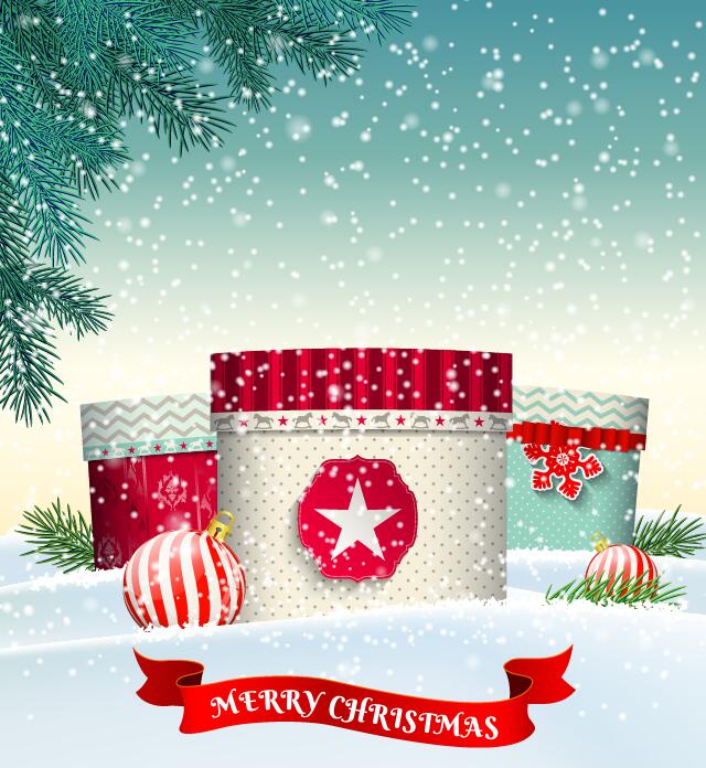 Chrishtmas gift box with winter snow background vector 04