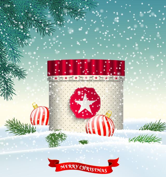 Chrishtmas gift box with winter snow background vector 05