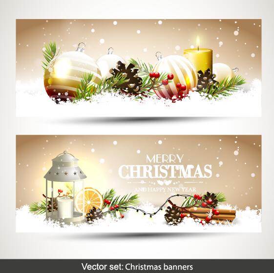 Christmas banners with baubles decor vector