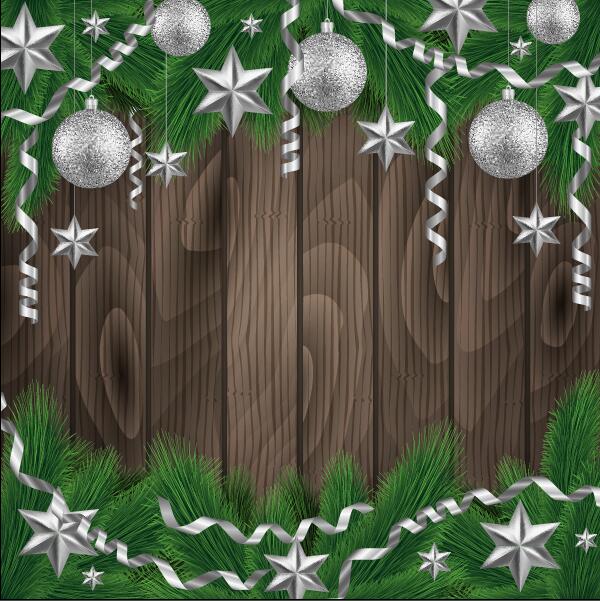 Christmas baubles frame with wood background vector