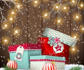 Christmas gift box with wooden and snow background vector