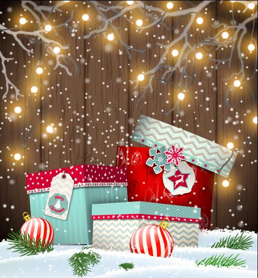 Christmas gift box with wooden and snow background vector