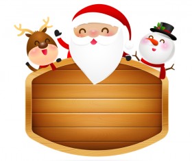 Christmas santa claus reindeer and snowman perched at wooden sign vector