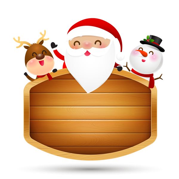 Christmas santa claus reindeer and snowman perched at wooden sign vector