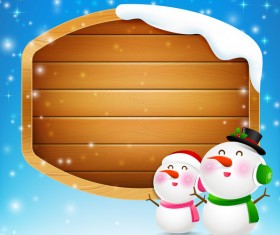 Christmas snowman and snowgirl with blank wooden sign vector
