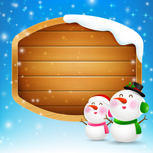 Christmas snowman and snowgirl with blank wooden sign vector